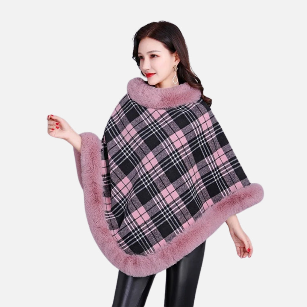 Cape poncho femme carreaux rose gris noir finitions fourrure col doublure polaire