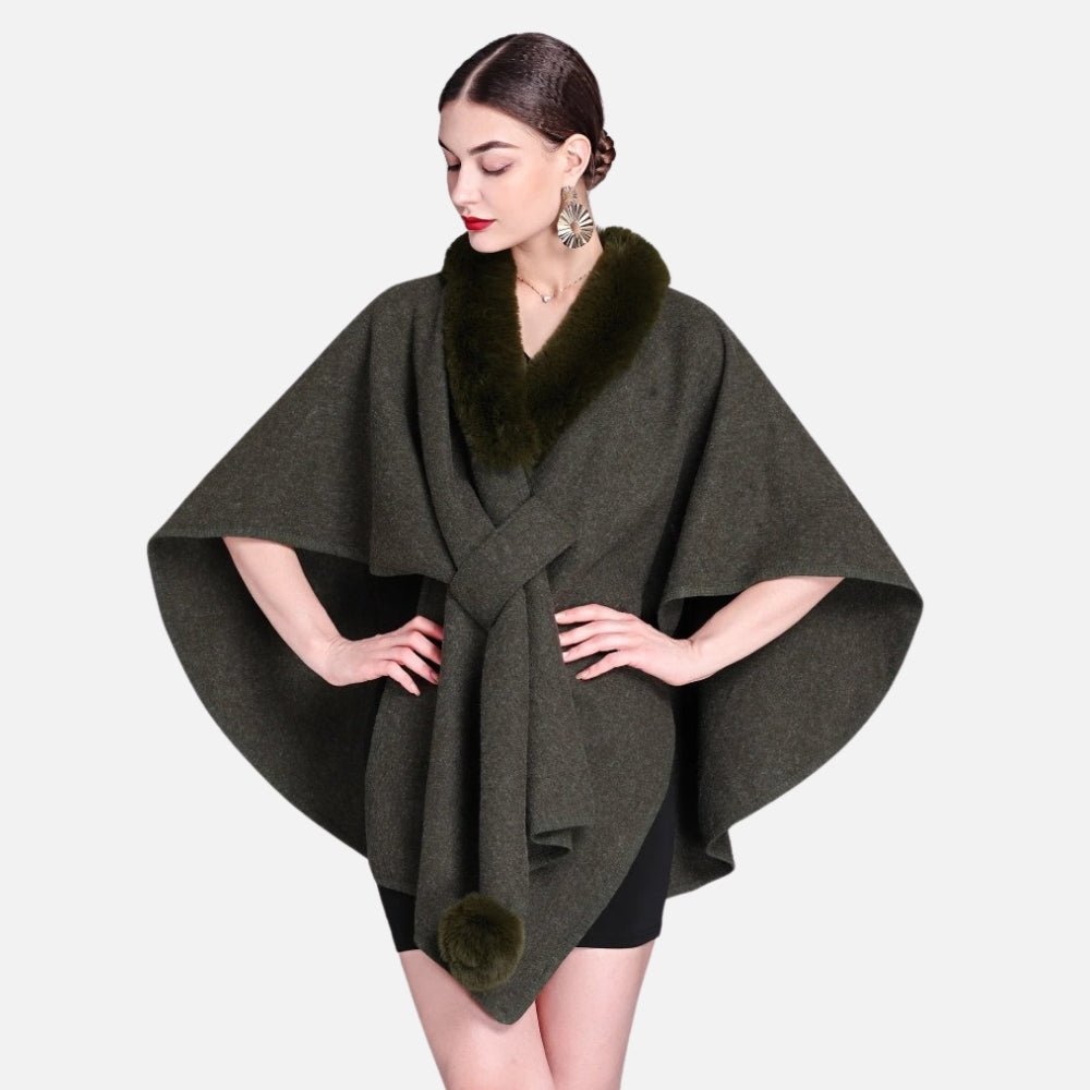 Cape poncho femme grise col fourrure ceinture pompon taille unique vue de face