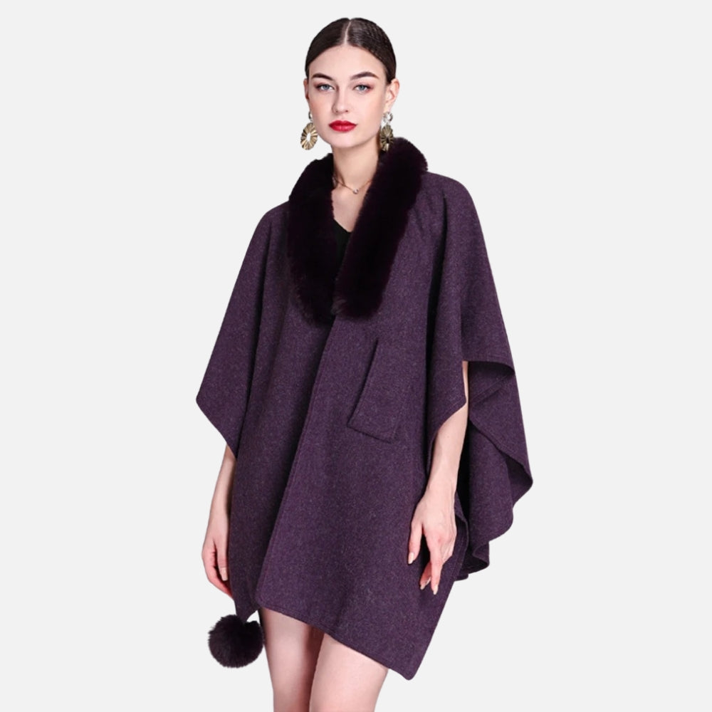 Cape poncho femme violet col fourrure noire ceinture pompon taille unique portée
