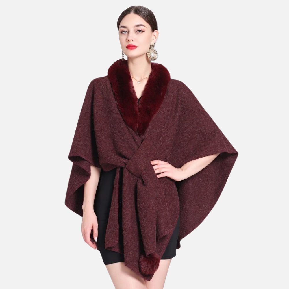 Cape poncho femme bordeaux col fourrure ceinture pompon taille unique portée