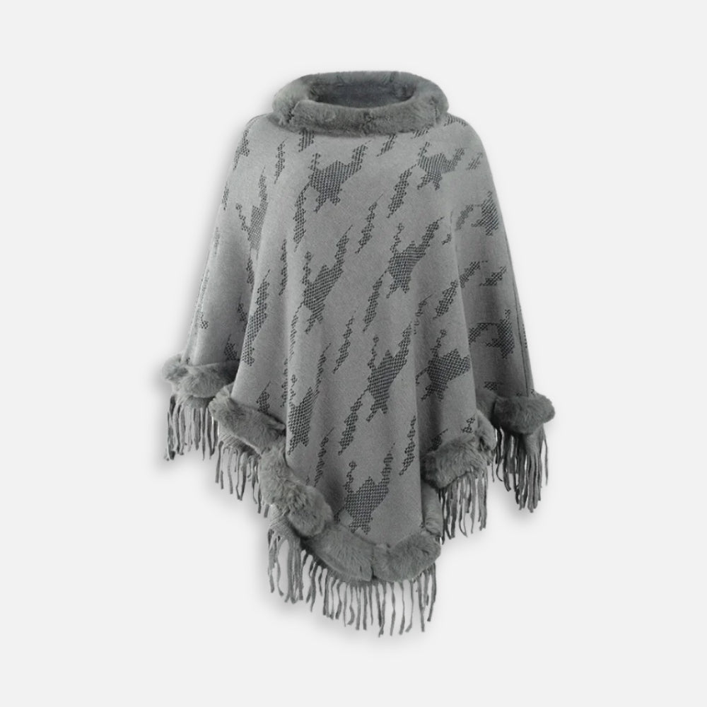 Cape poncho femme gris col fourrure avec franges coton, vue de face