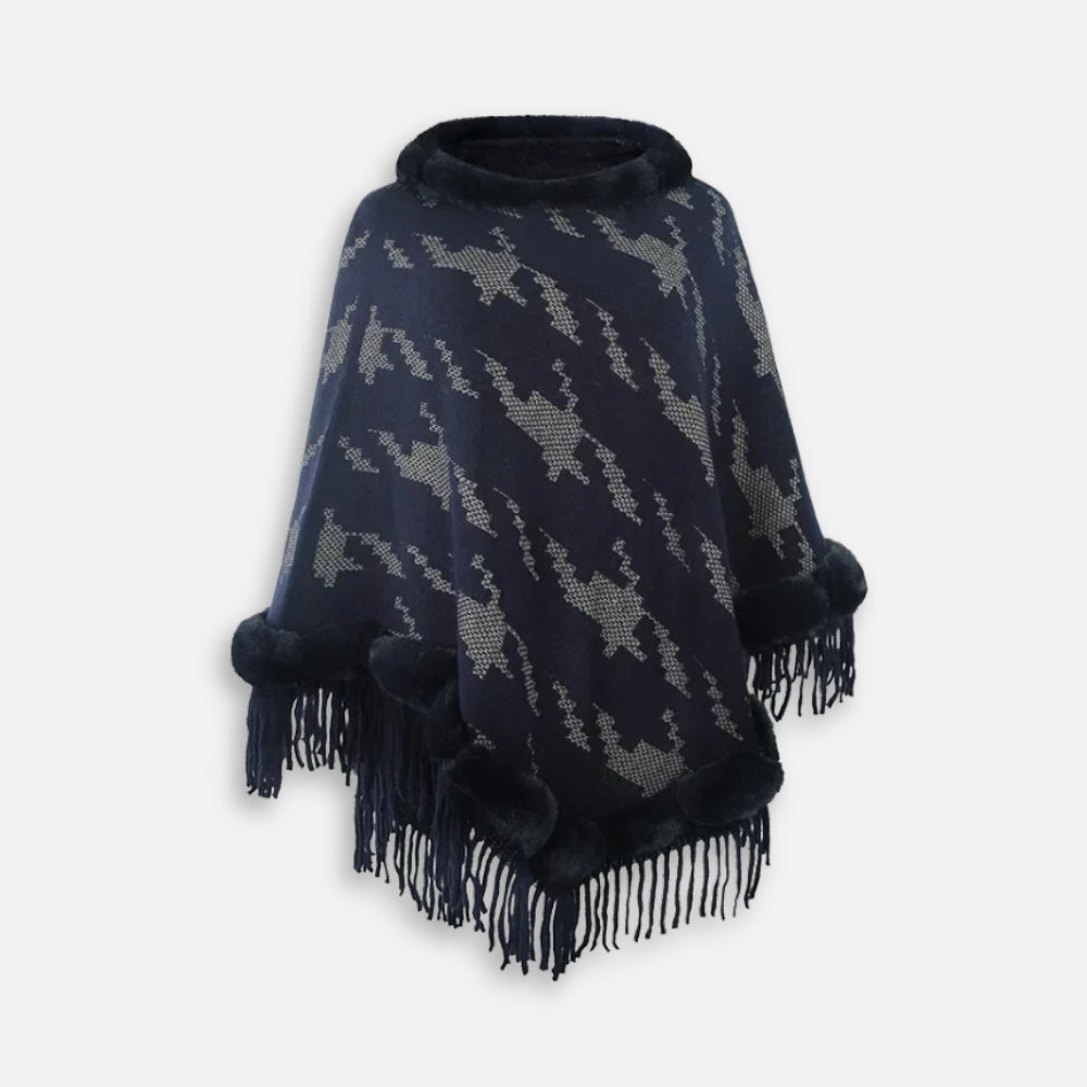 Cape poncho femme bleu marine col fourrure noire avec franges et motifs géométriques
