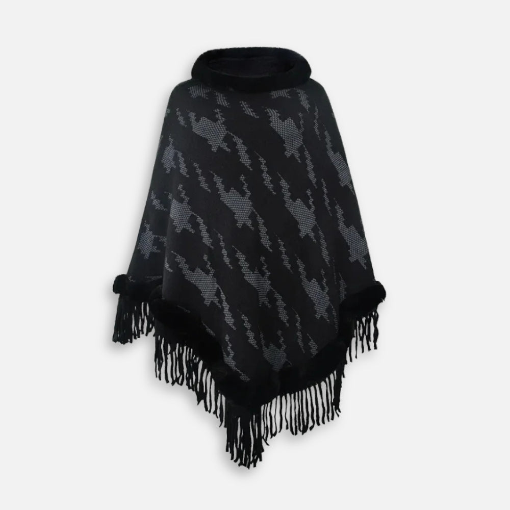 Cape poncho femme noir col fourrure avec franges et motif géométrique gris