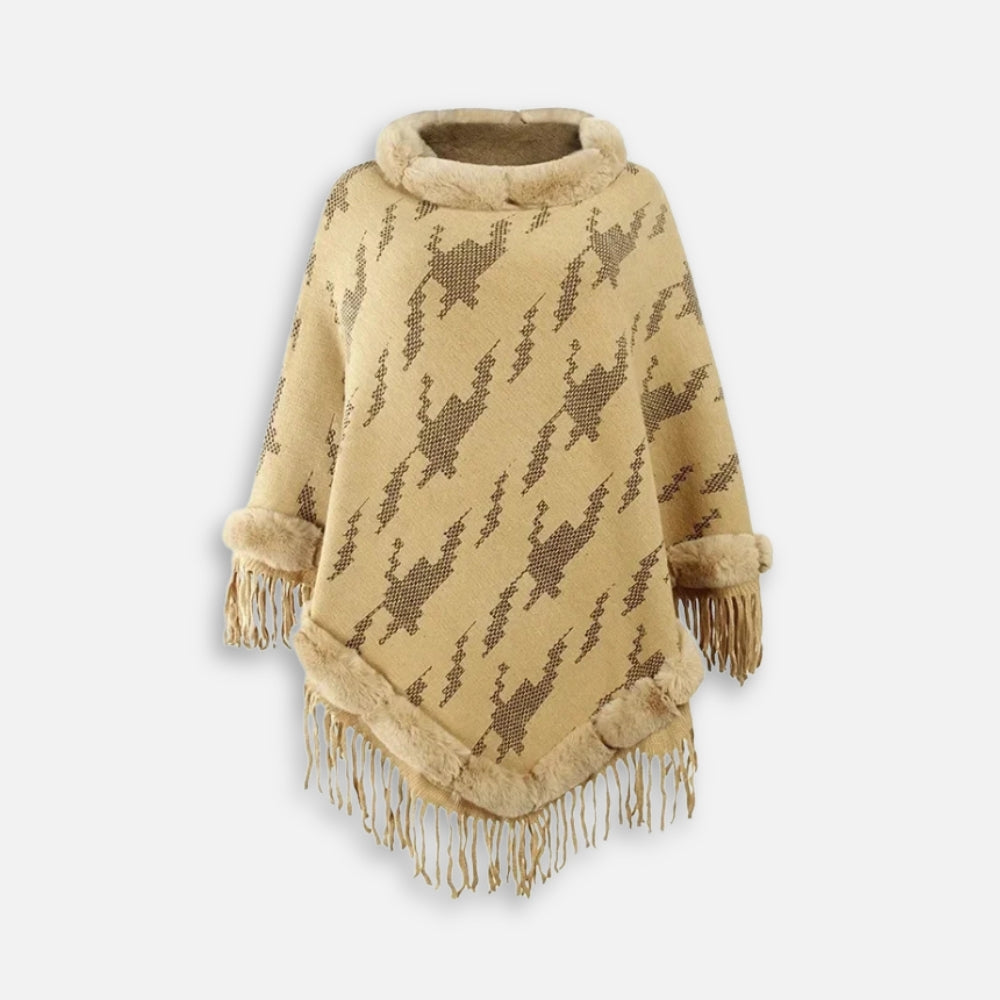 Cape poncho femme beige col fourrure à franges, motifs géométriques diagonaux