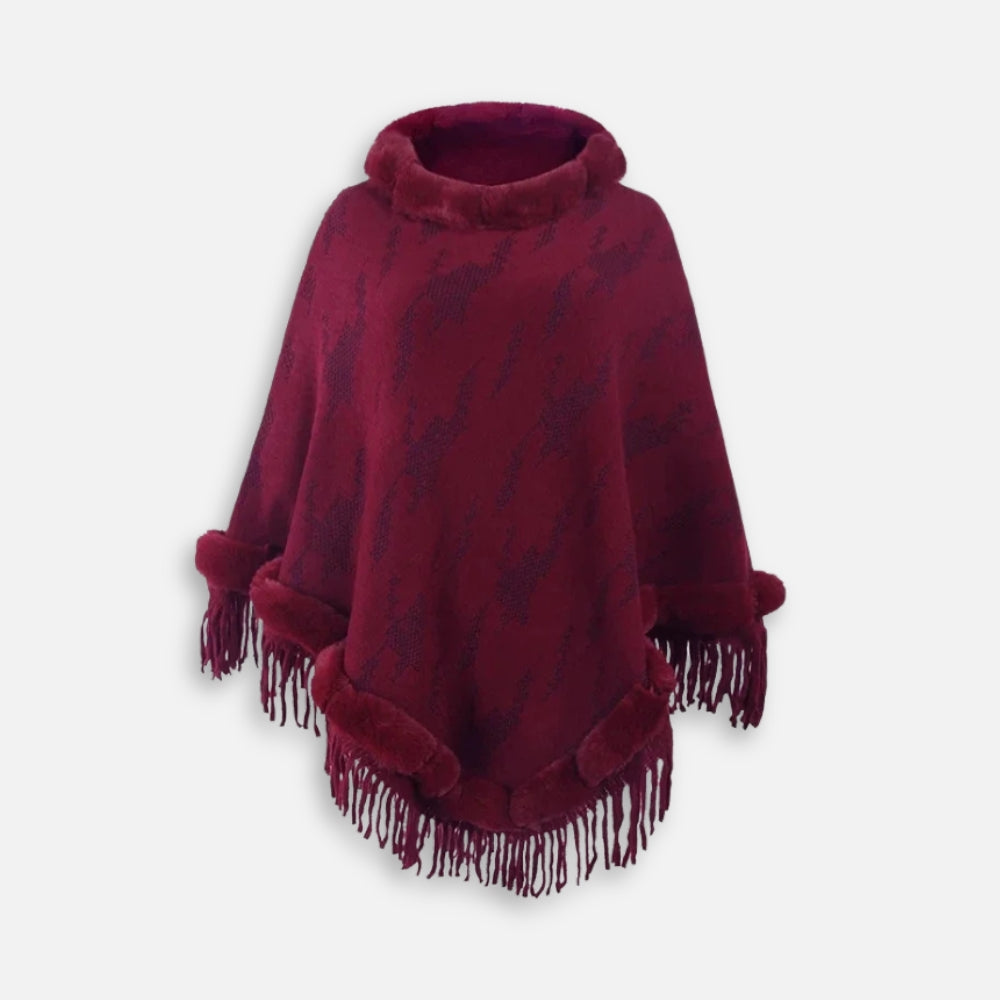 Cape poncho femme bordeaux col fourrure avec franges, vue de face sur fond blanc