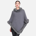 Cape poncho femme gris col fourrure maille doublée bordure fourrure assortie