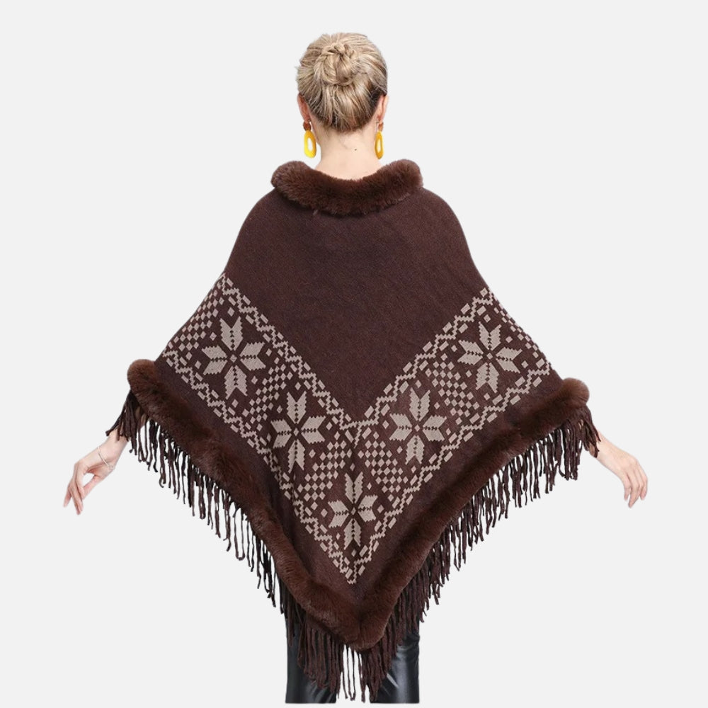 Cape poncho femme marron col fourrure motifs flocons géométriques franges, vue de dos