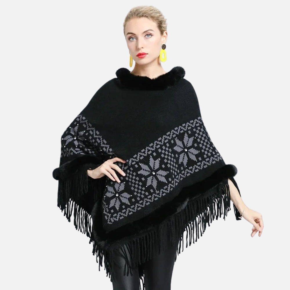 Cape poncho femme noire col fourrure motifs flocons gris franges hiver