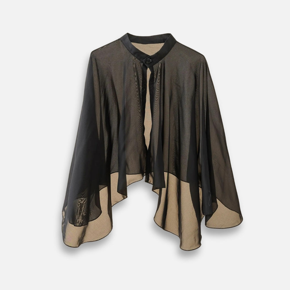 Cape poncho femme noire et beige col montant avec bouton perle, vue de face