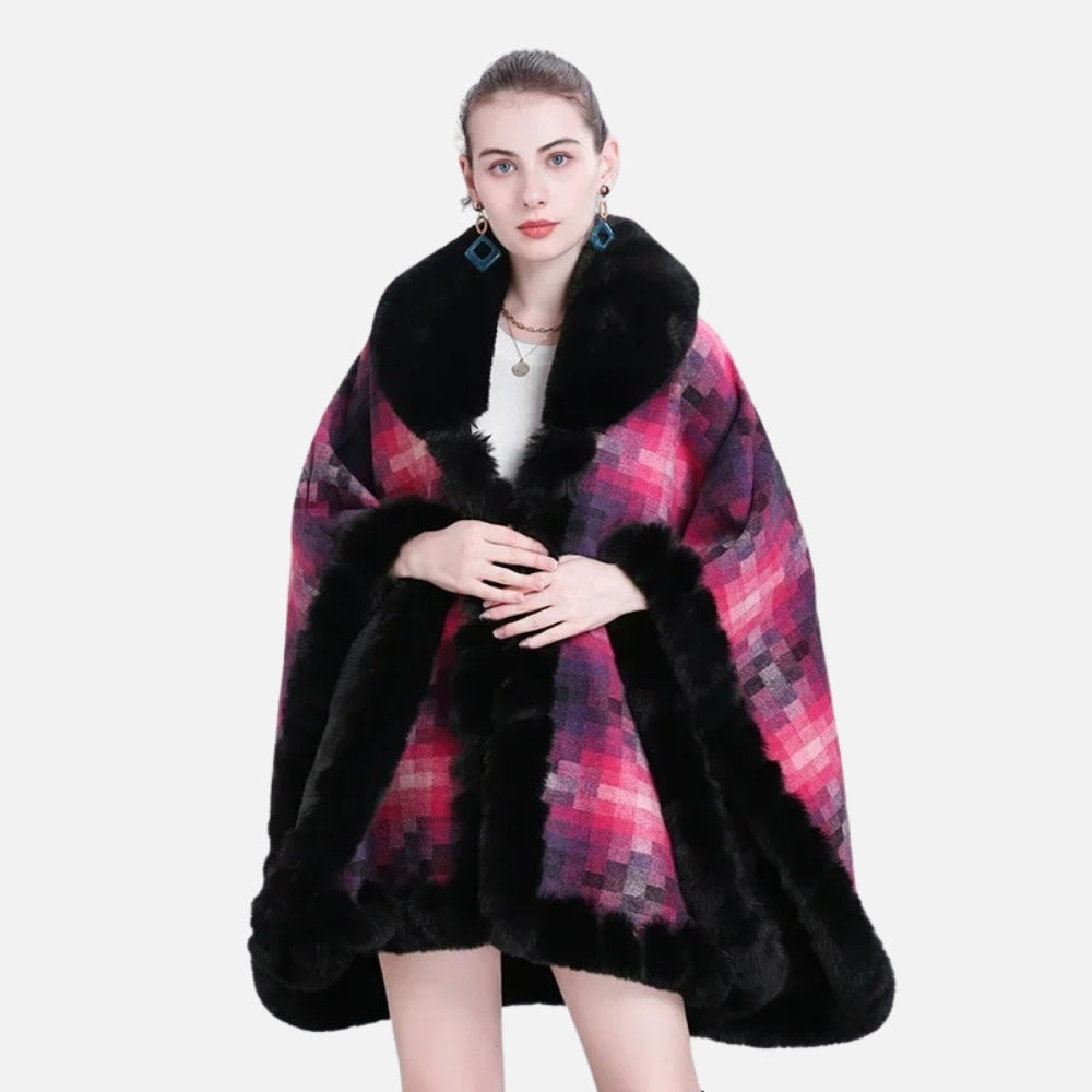 Cape poncho femme hiver rose fuchsia carreau noir bordure fourrure col châle