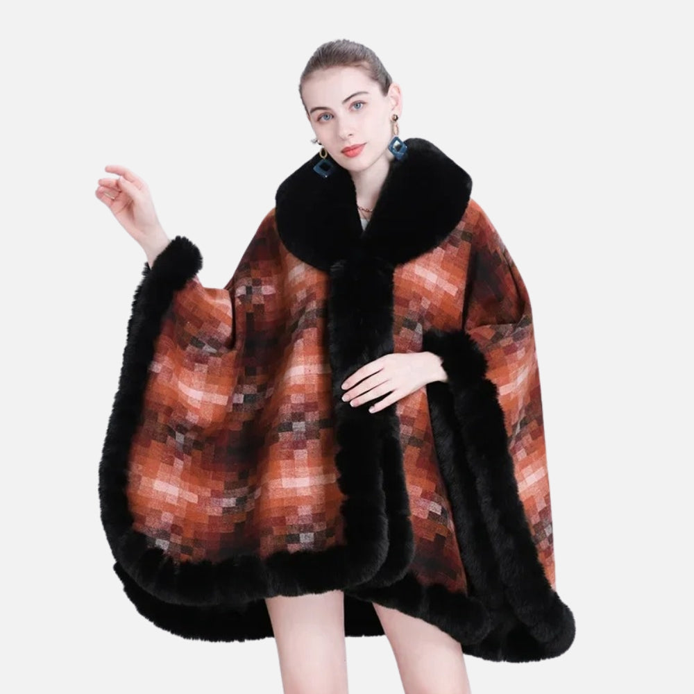 Cape poncho femme rouge carreaux bordure fourrure noire col châle hiver portée
