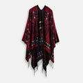 Cape poncho femme bordeaux et noir avec motifs croix mexicaine et franges