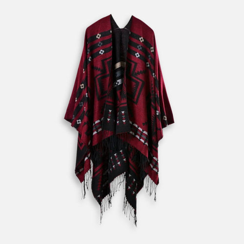Cape poncho femme bordeaux et noir avec motifs croix mexicaine et franges
