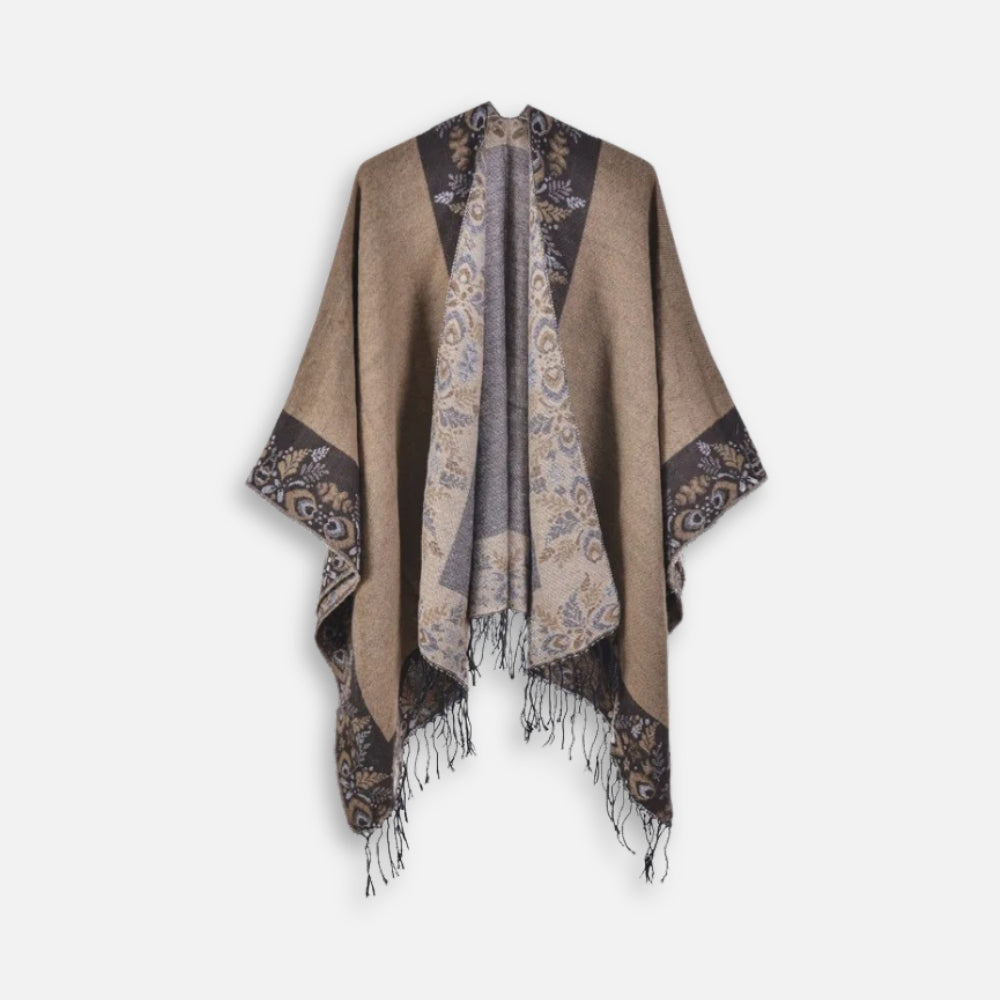 Cape poncho femme grise avec motifs floraux marron, franges et col ouvert