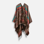 Cape poncho femme marron motif croix mexicaine bandes colorées franges