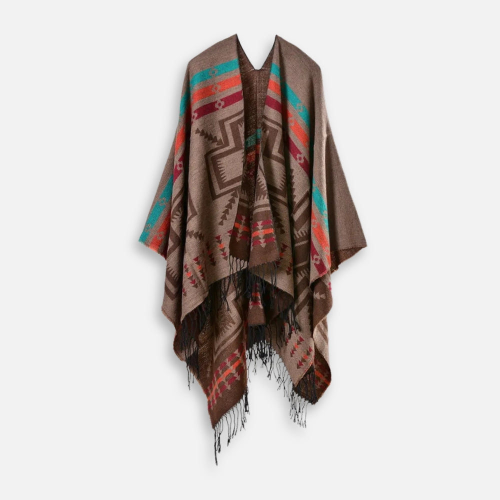 Cape poncho femme marron motif croix mexicaine bandes colorées franges