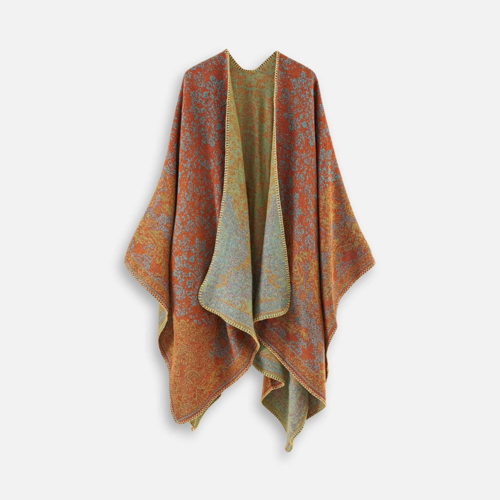 Cape poncho femme réversible motif floral orange et vert, sans manches, ouverture frontale
