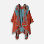 Cape poncho femme bohème ouverte devant, motifs géométriques terracotta et bleu turquoise