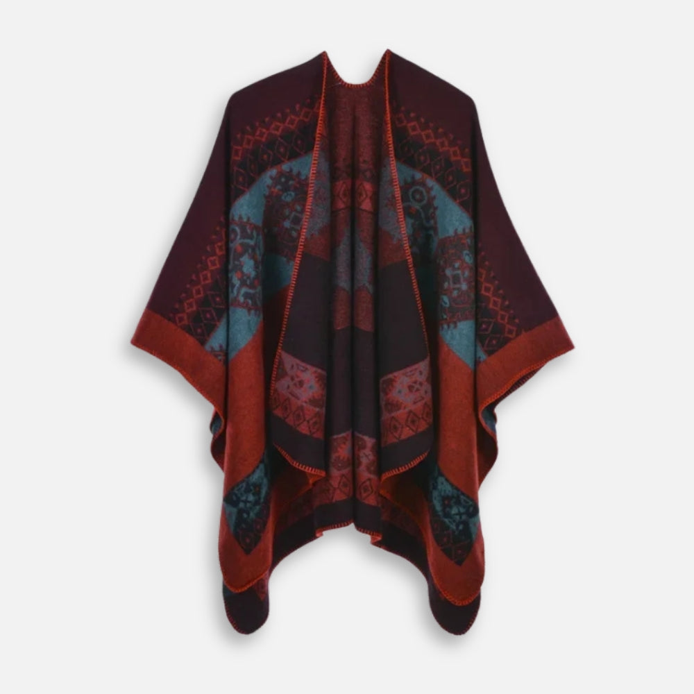Cape poncho femme ethnique bordeaux bleu ouvert devant motifs géométriques
