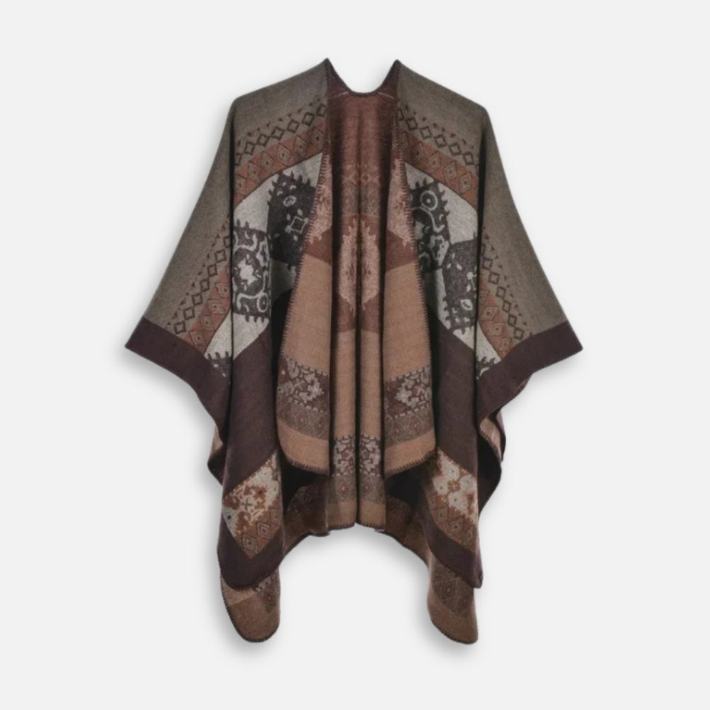 Cape poncho femme ethnique ouverte devant, motifs géométriques, couleurs marron beige gris