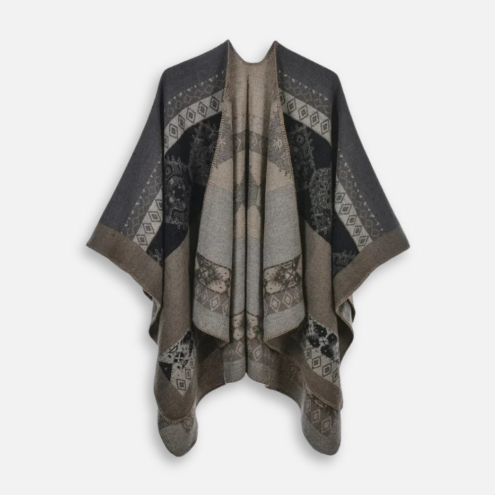 Cape poncho femme grise et beige à motifs ethniques géométriques, ouverte devant, vue de face