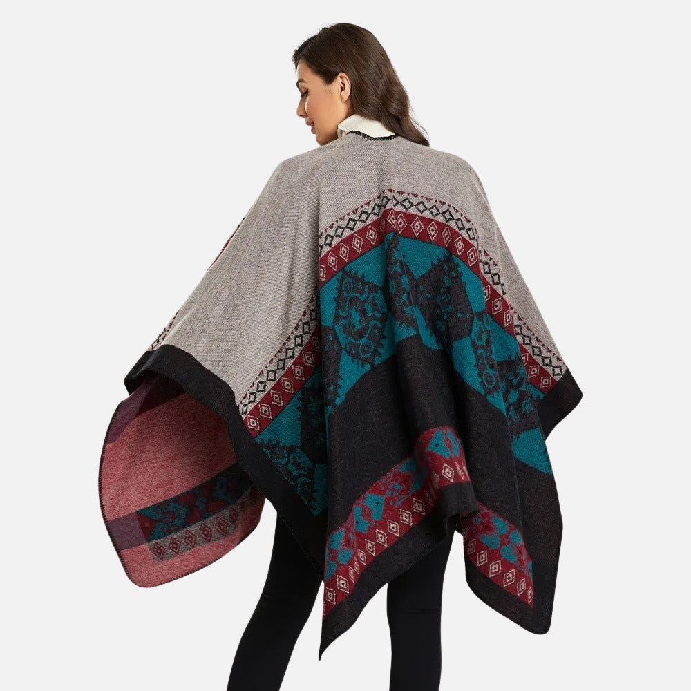 Cape poncho femme ethnique gris noir bordeaux teal motifs géométriques ouvert devant vue dos