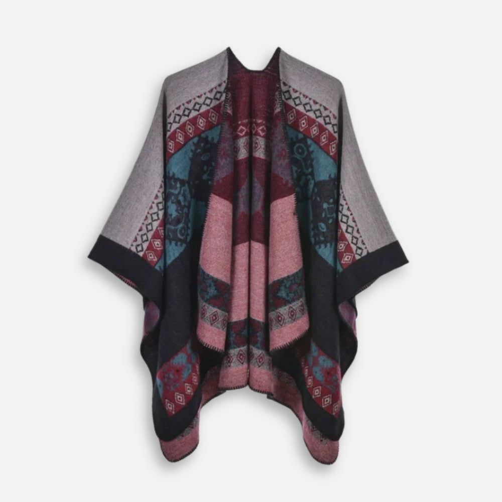 Cape poncho femme ethnique grise noire rose bordeaux motifs géométriques ouverte devant