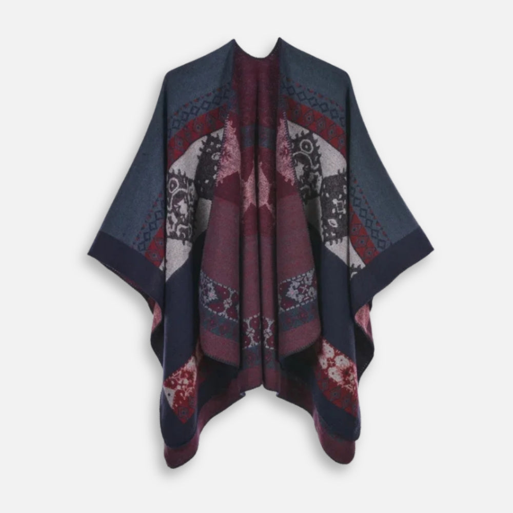 Cape poncho femme ethnique bleu marine bordeaux motifs géométriques laine 150x130cm