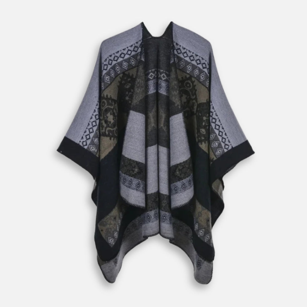 Cape poncho femme ethnique grise noire motifs géométriques ouverture avant 150x130cm