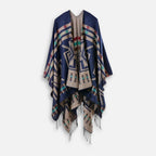 Cape poncho femme bleu marine motifs géométriques mexicains colorés avec franges
