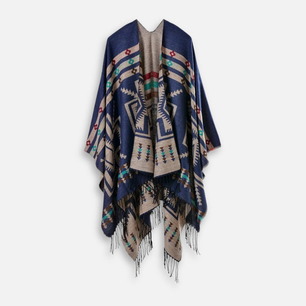 Cape poncho femme bleu marine motifs géométriques mexicains colorés avec franges