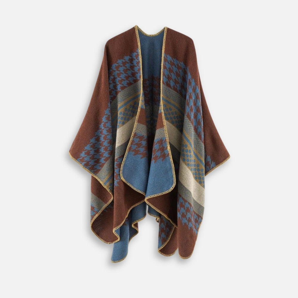 Cape poncho femme à motifs pied-de-poule marron bleu beige avec finitions dorées