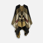 Cape poncho femme ouverture frontale motifs pied-de-poule noir beige crème asymétrique