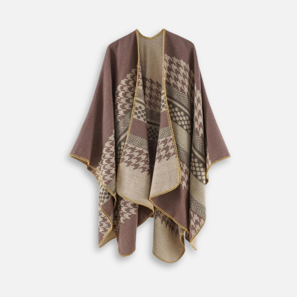Cape poncho femme motifs pied-de-poule marron beige ouvert avec détails dorés