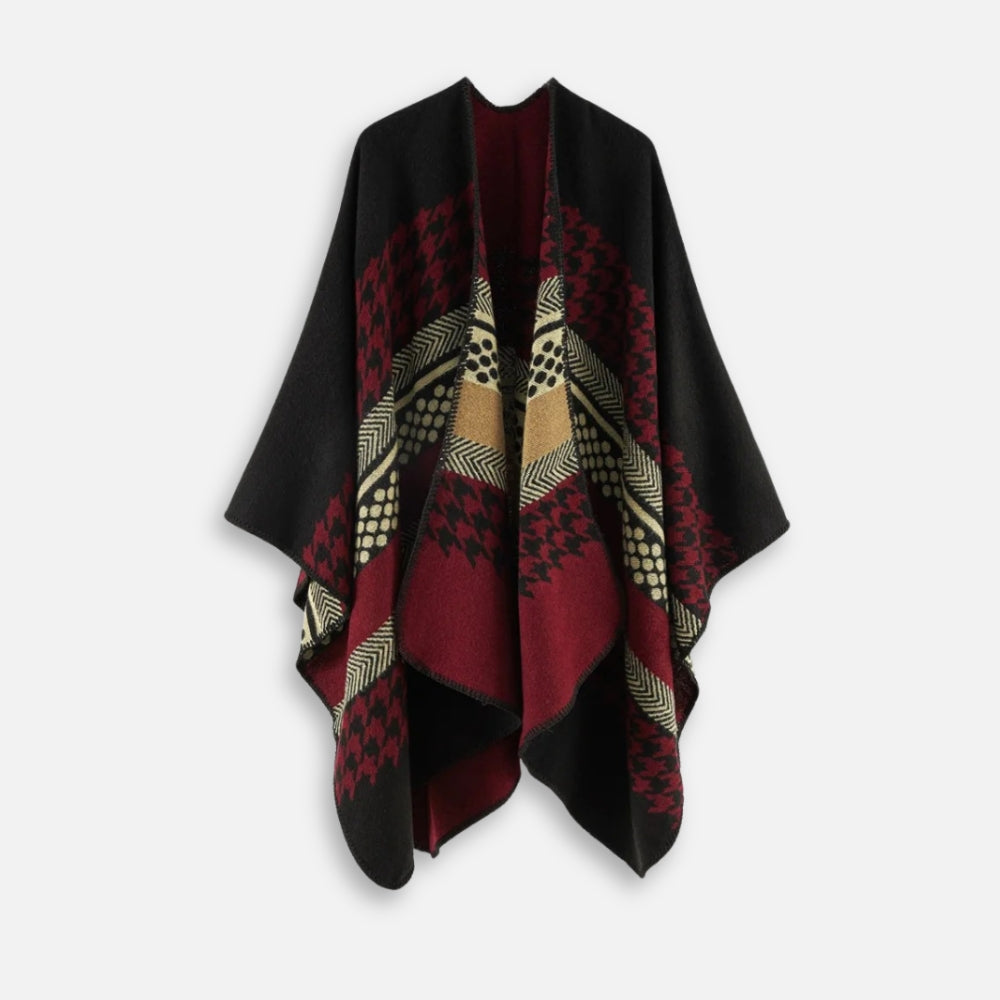 Cape poncho femme ouverte noire et bordeaux avec motifs pied-de-poule et détails géométriques beige