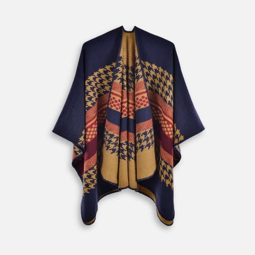 Cape poncho femme à motifs pied-de-poule noir beige et rouge, vue de face présentée à plat