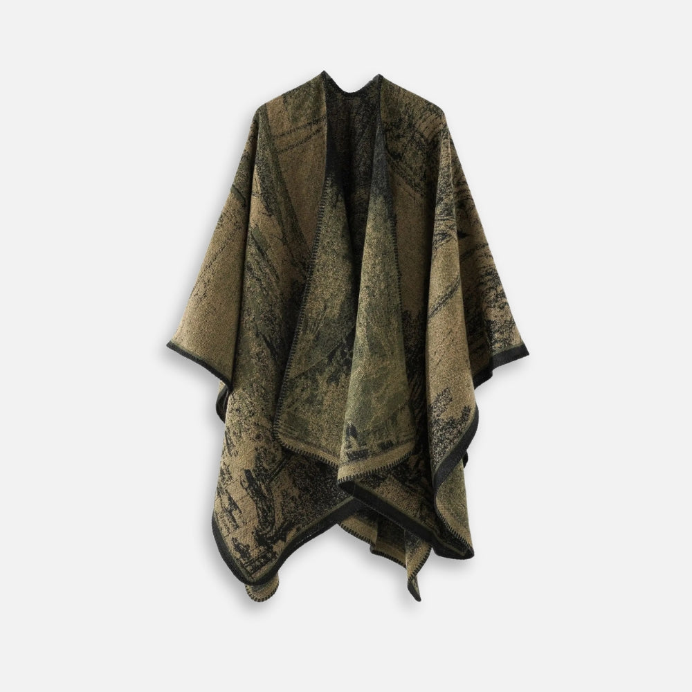 Cape poncho femme ouverte motif vintage bohème vert kaki et noir à plat