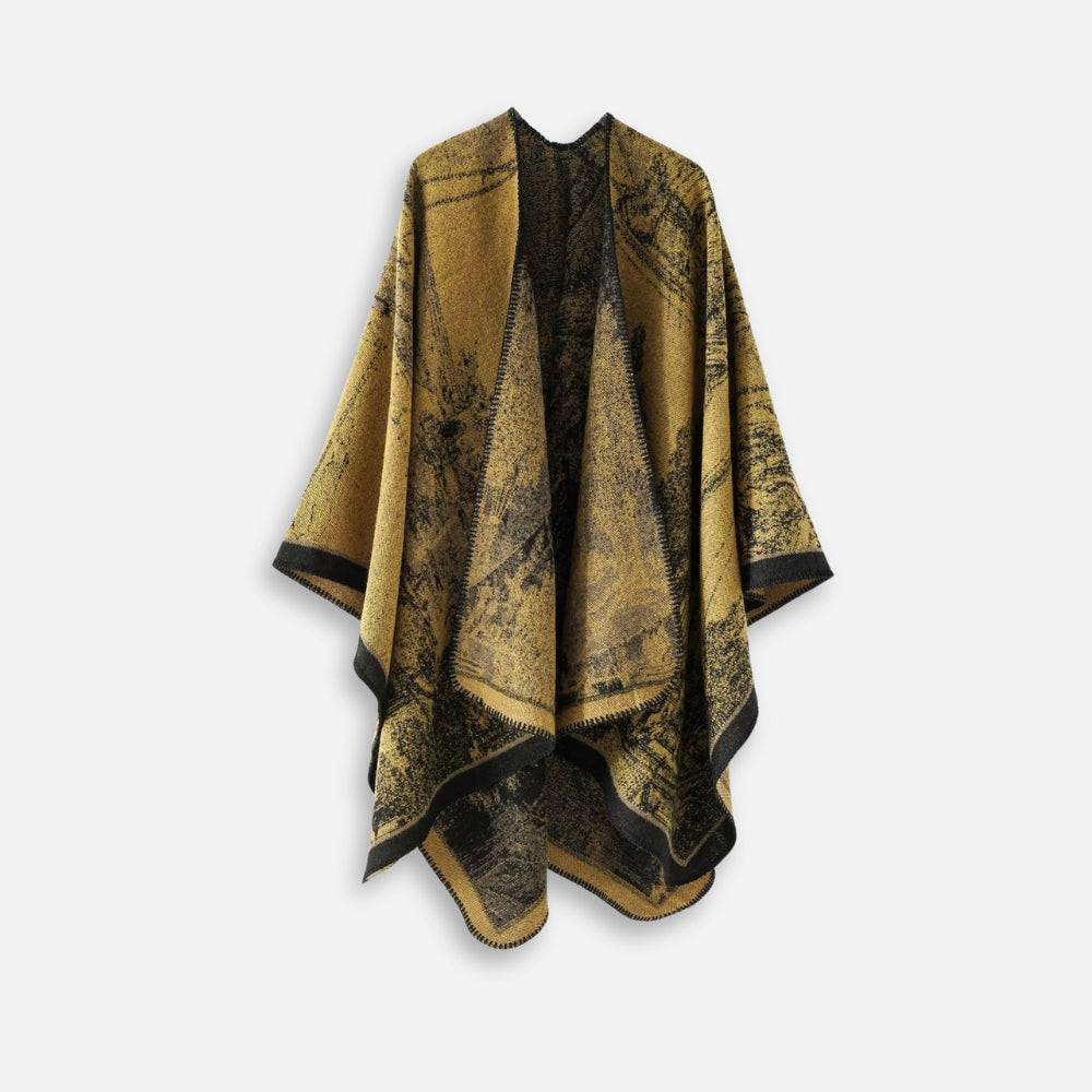 Cape poncho femme ouverte motif vintage bohème jaune moutarde et noir