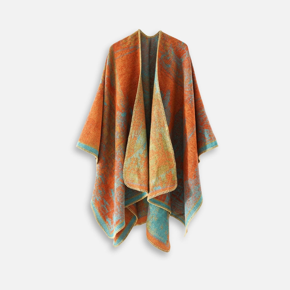 Cape poncho femme ouverte orange et bleu motif vintage bohème bordée dorée