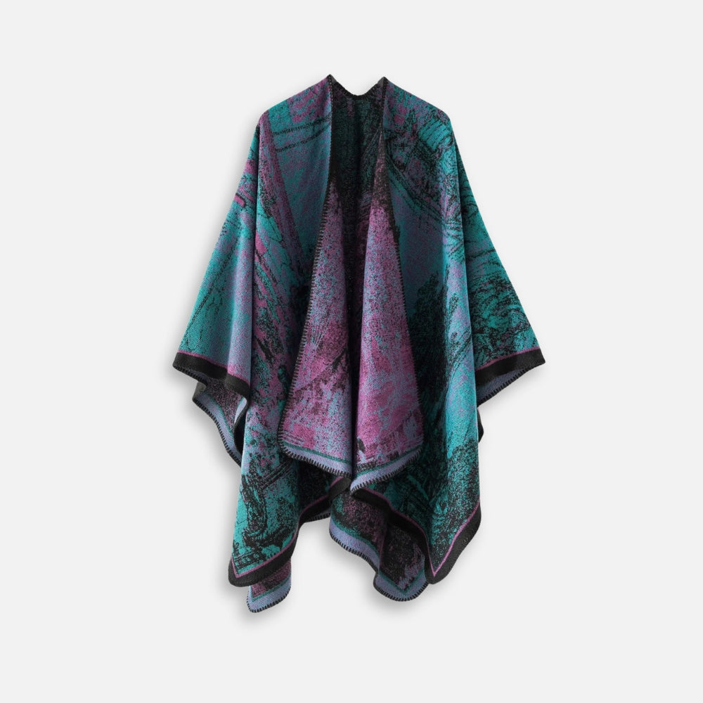 Cape poncho femme ouverte motif vintage bohème turquoise violet noir présentée à plat