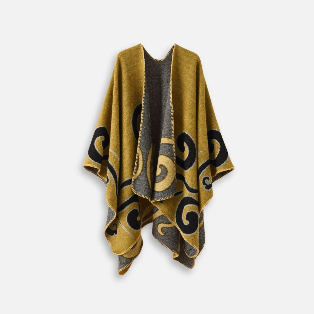 Cape poncho femme réversible jaune moutarde et gris avec motifs arabesques noirs
