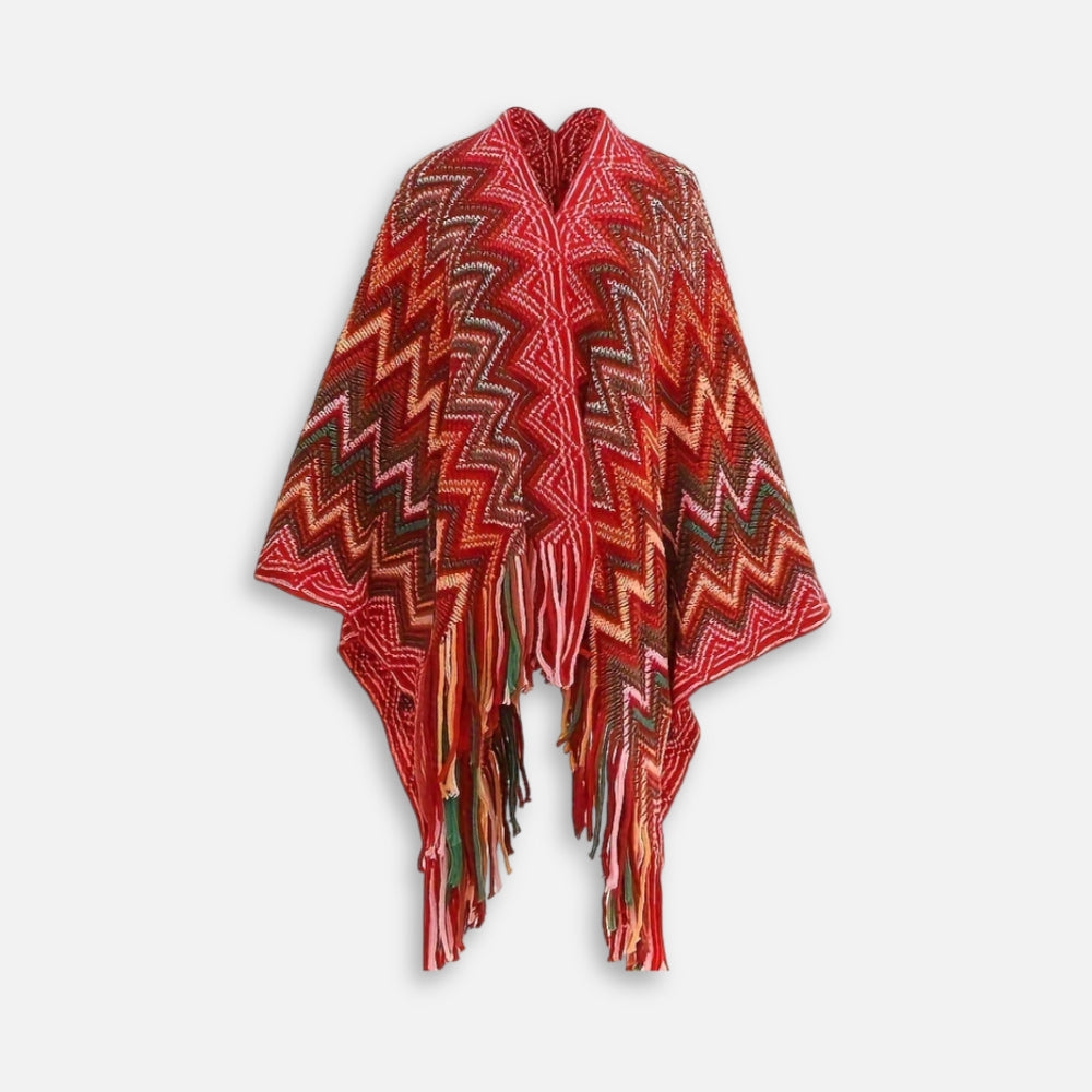 Cape poncho femme péruvienne rouge avec motifs zigzag multicolores et franges