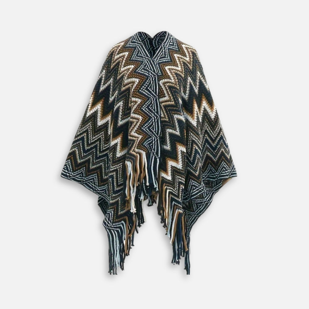 Cape poncho femme péruvienne noire zigzag franges multicolores marron blanc à plat