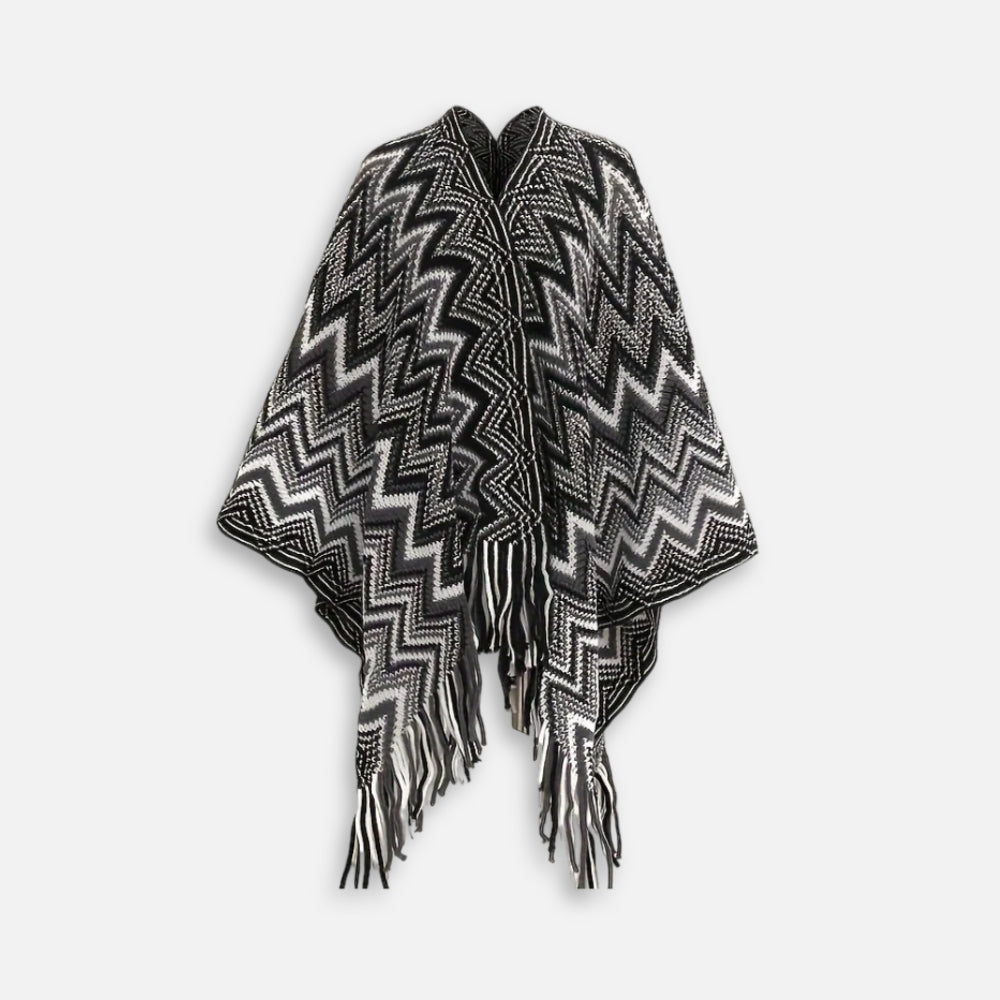 Cape poncho femme style péruvien noir blanc motifs zigzag franges