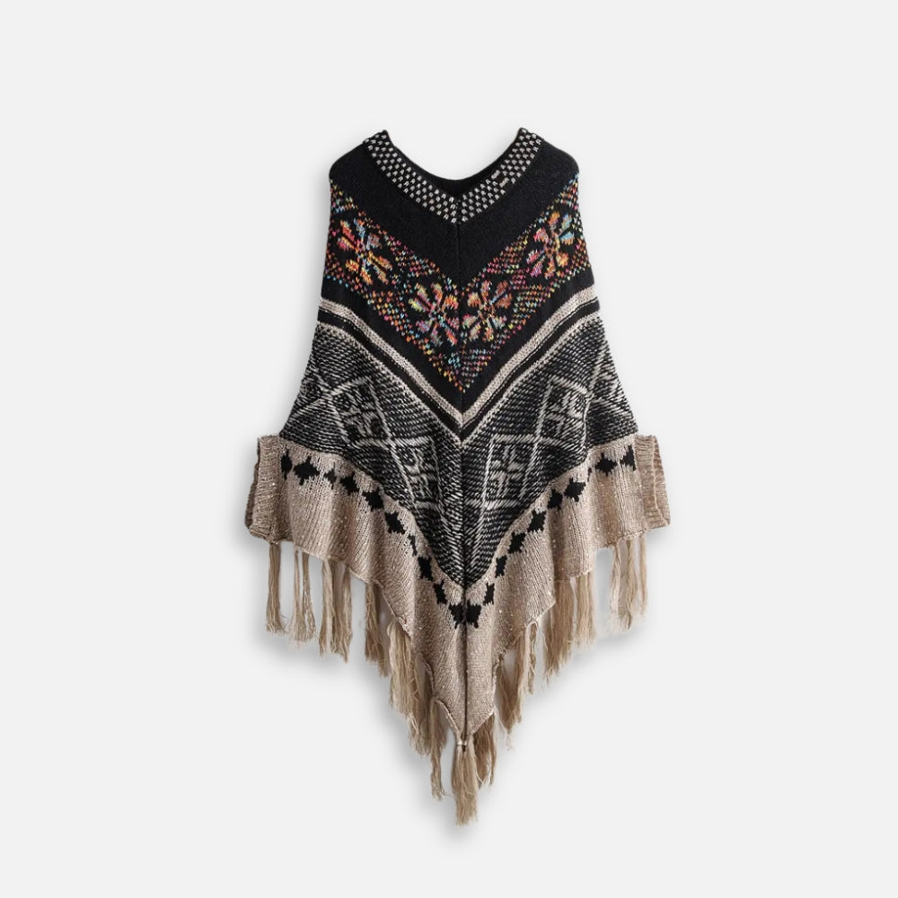 Cape poncho femme tricot noir beige motifs ethniques géométriques franges col V