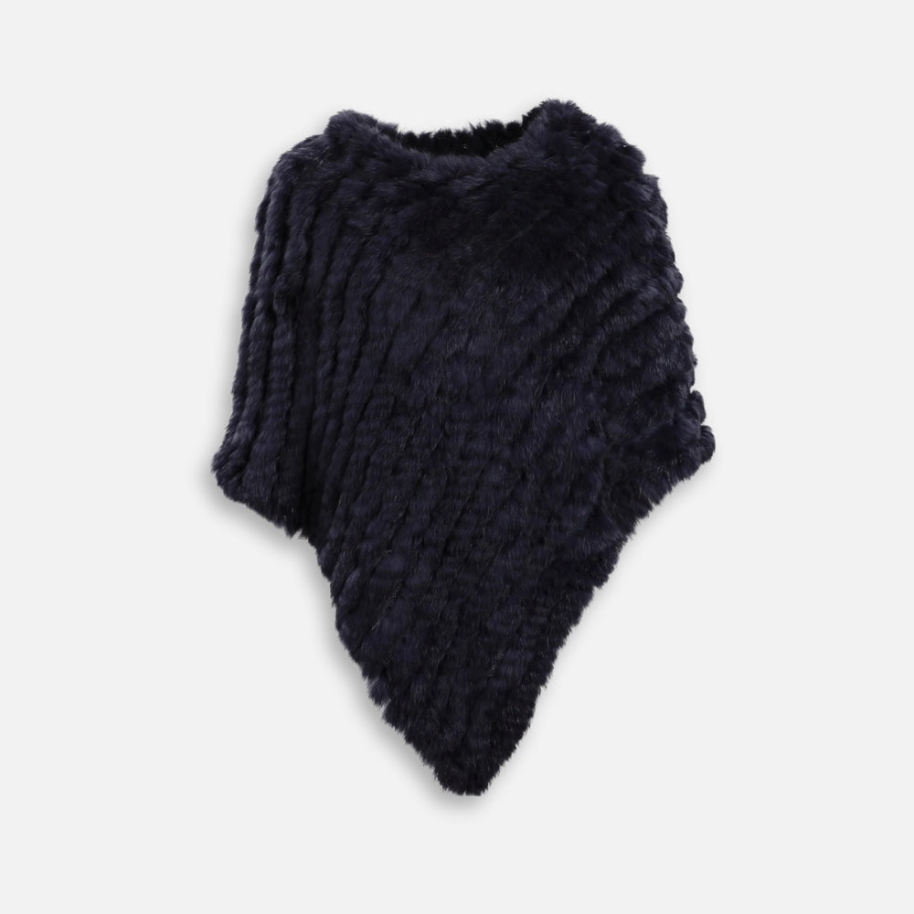 Cape poncho femme en fourrure de lapin noir avec col montant et coupe asymétrique