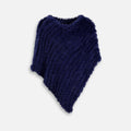 Cape poncho en fourrure de lapin bleu marine col montant asymétrique présentée à plat