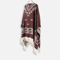 Cape poncho bordeaux femmes motifs aztèques blancs franges col rond sans manches
