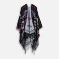 Cape poncho unisexe noire gris franges motifs géométriques mexicains vue de face