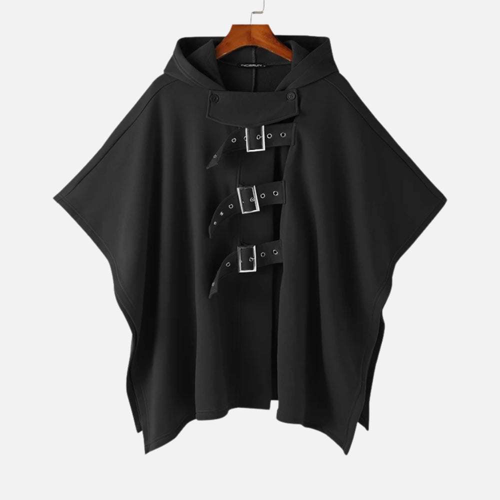 Cape poncho noir homme coton avec capuche et trois boucles ajustables visibles